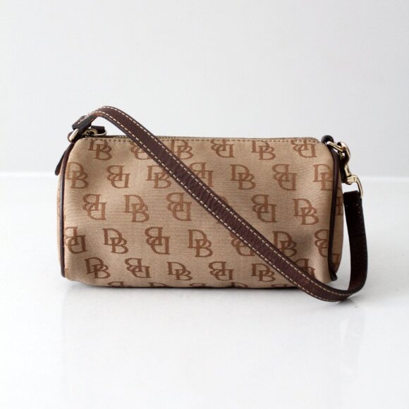 Vintage Dooney & Bourke Signature DB Barrel Mini Bag Brown Canvas Leather Trim - Picture 1 of 14